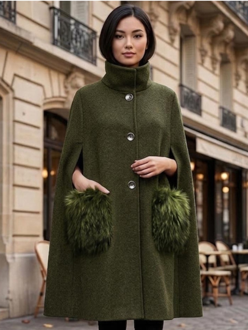 Olive Green Faux-Fur Pocket Cape Sweater